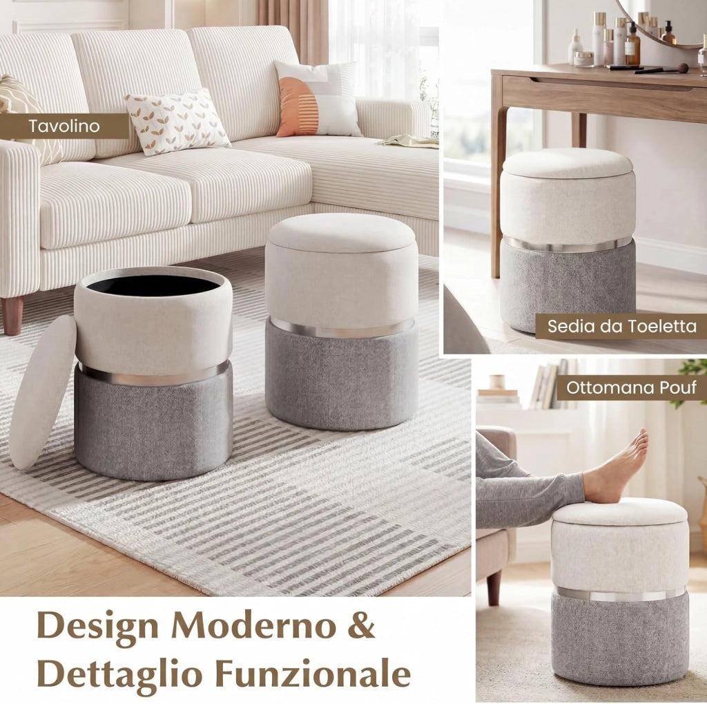 Set di 2 Pouf Contenitore in Velluto, Pouf Rotondi Imbottiti da 32L +21L, Sgabelli con Contenitore per Soggiorno, Camera da Letto, Portata 150 kg (Grigio)