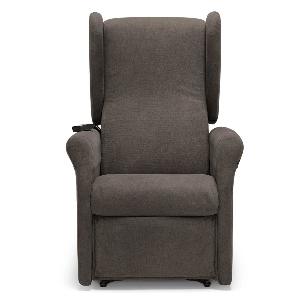Poltrona relax elettrica PISA MADE IN ITALY per anziani e disabili, 2 motori, 4 ruote, Kit Batteria, reclinazione e alzapersona, Tessuto Antimacchia, colore Fango