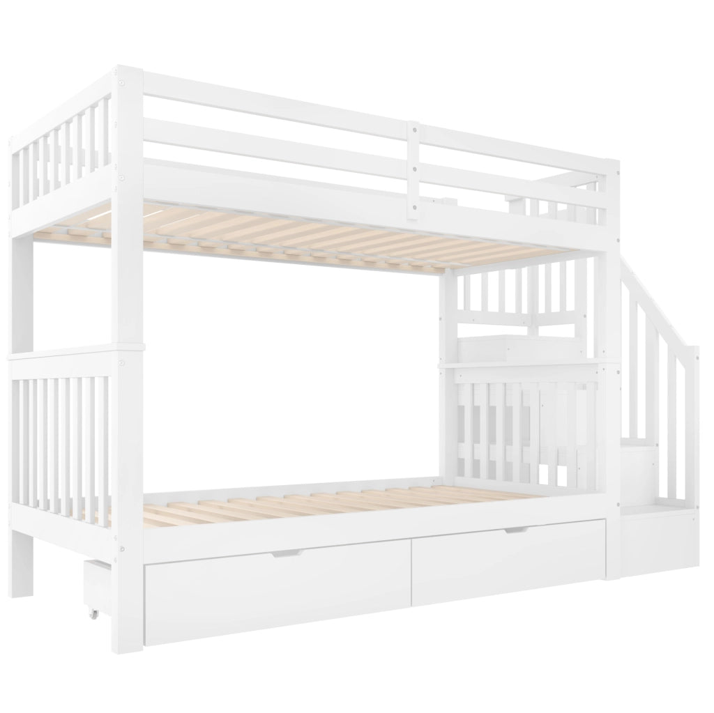 Letto a castello 90 x 200 cm bianco con scala contenitore e 2 cassetti