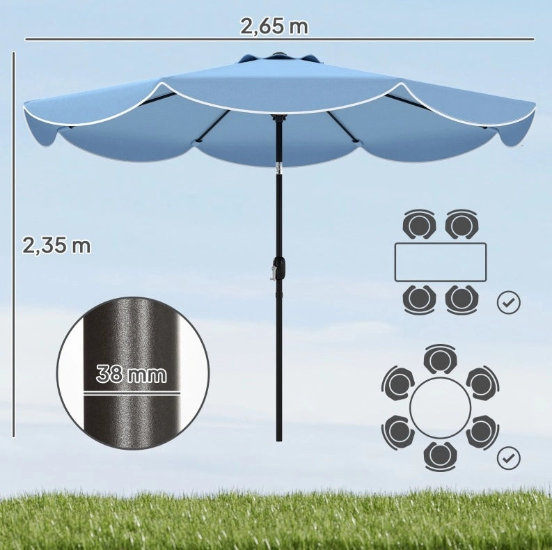 Ombrellone rotondo da giardino ?265 cm con volant; inclinazione a 3 posizioni; azzurro cielo