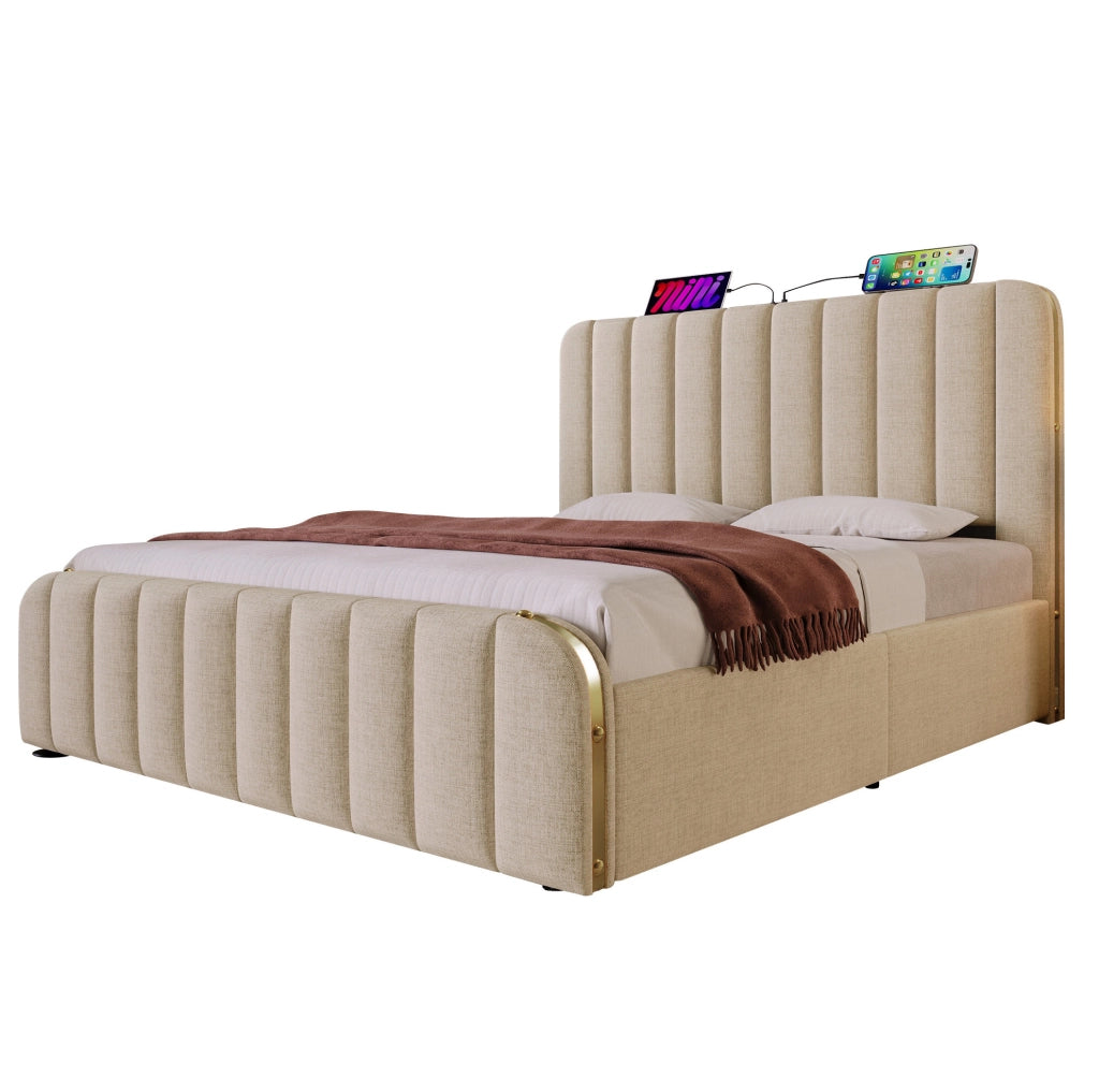 Letto matrimoniale imbottito 160x200 cm in lino beige con contenitore; USB e Type-C
