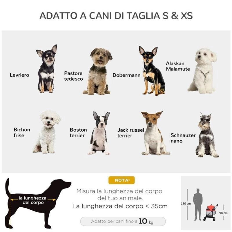 PASSEGGINO PER CANI PIEGHEVOLE CON TRASPORTINO RIMOVIBILE E TETTUCCIO, 82X49.5X98CM, ROSSO