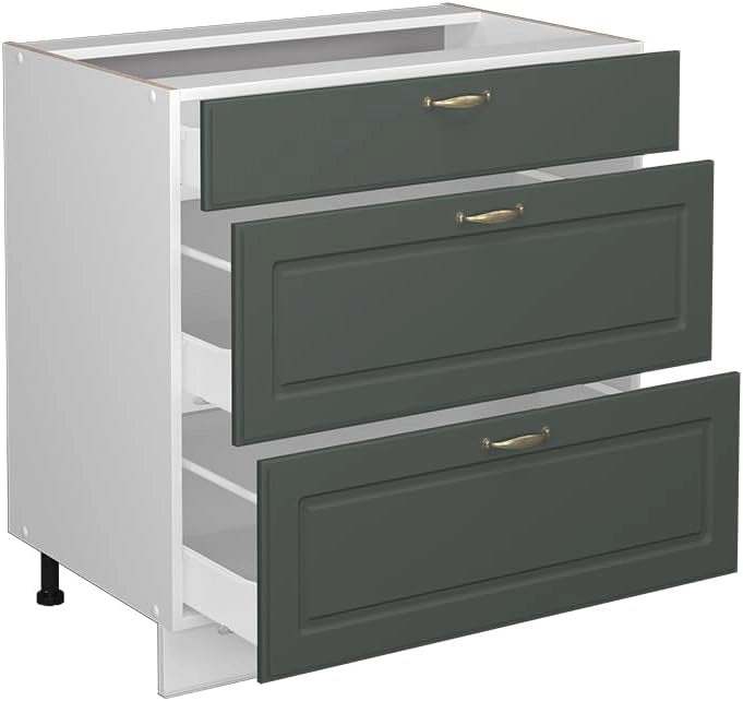 Mobiletto base per cucina Fame-Line, Verde-oro Country House, 80 cm con 3 cassetti, senza piano di lavoro, per la combinazione con altri moduli della serie Fame-Line