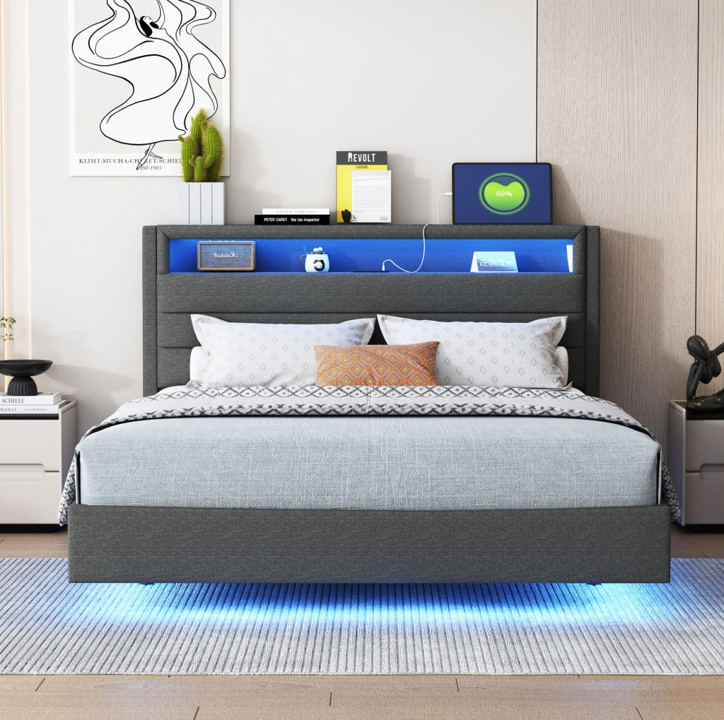 Letto matrimoniale imbottito 140x200 cm con USB; LED e testiera ribaltabile; grigio