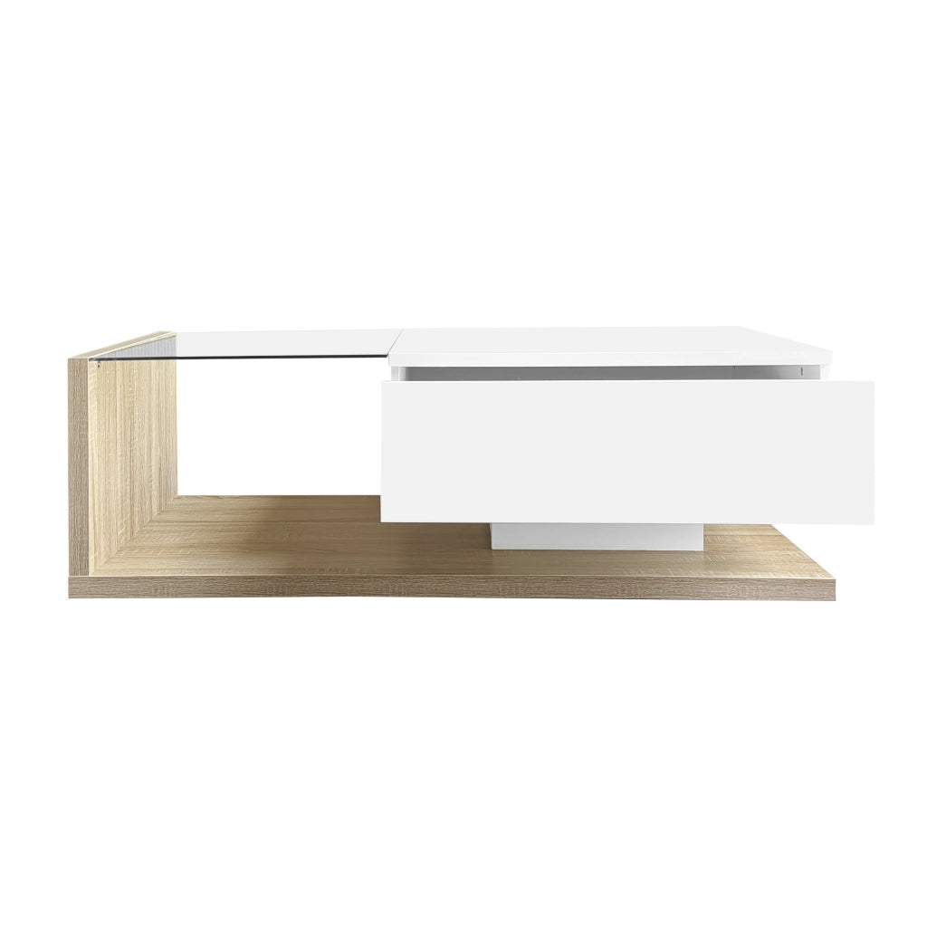 OKWISH Tavolino da Salotto Rettangolare con Piano in Vetro, Vano Contenitore e LED a 16 Colori, per Soggiorno, 105×55×32,5 cm