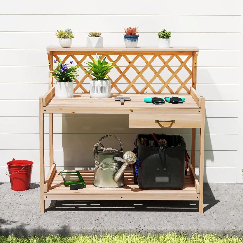 Tavolo per Piante in Legno, Tavolo da Giardino con Traliccio, Cassetto Rimovibile e Ripiano, Tavolino per Vasi di Fiori da Interno ed Esterno per Cortile, Balcone, Prato e Terrazzo