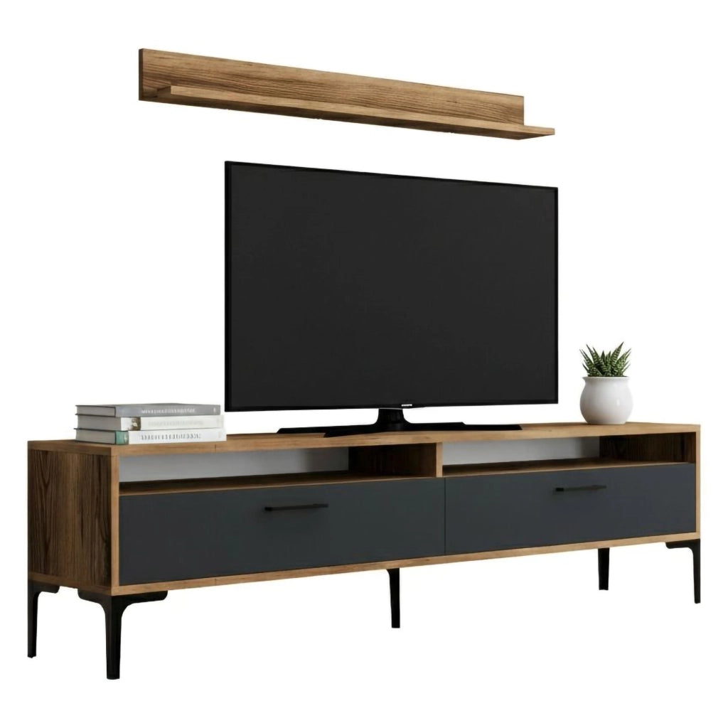 Parete attrezzata Oho, Composizione soggiorno, Mobile salotto multiuso, Armadio porta TV, 180x35h47 cm, Noce e Antracite