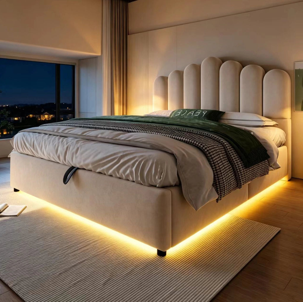 Letto imbottito 140x200 cm con contenitore idraulico; LED e testiera unica in velluto beige