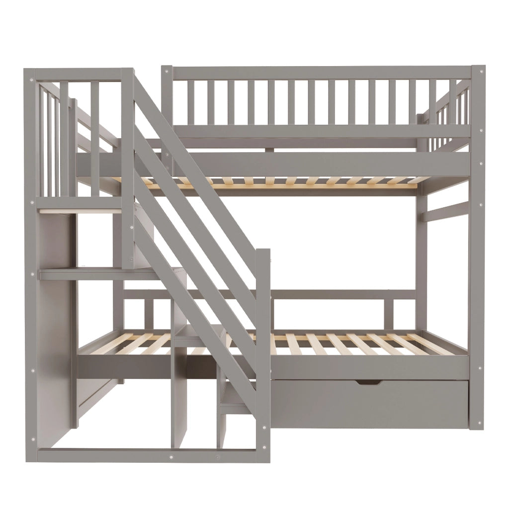 Letto a castello 90x200 cm grigio in legno con scala contenitore