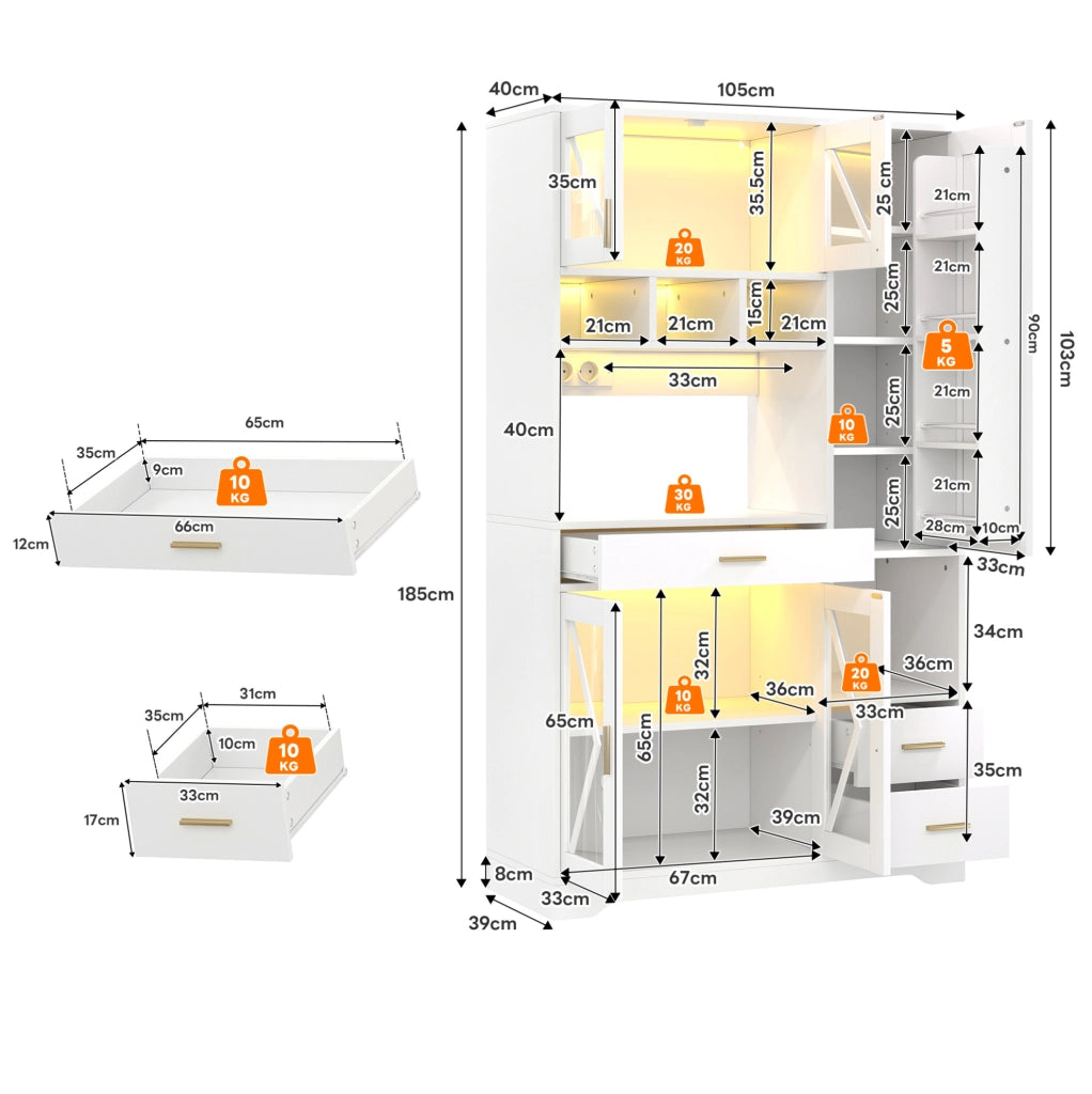 Credenza buffet con LED controllabile da APP; prese USB e AC; 105x40x185 cm; bianco