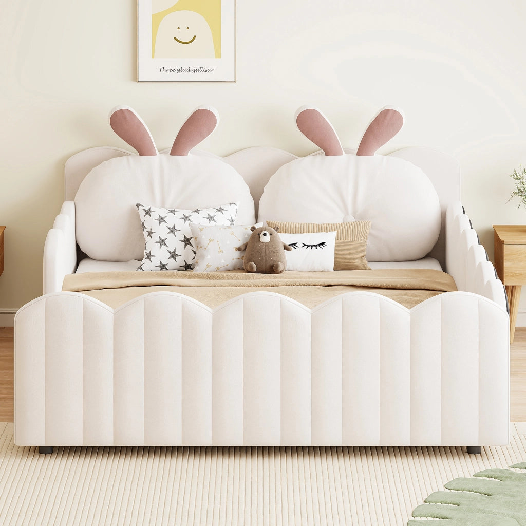 Letto imbottito con cuscino a coniglio, 140x200 cm, beige