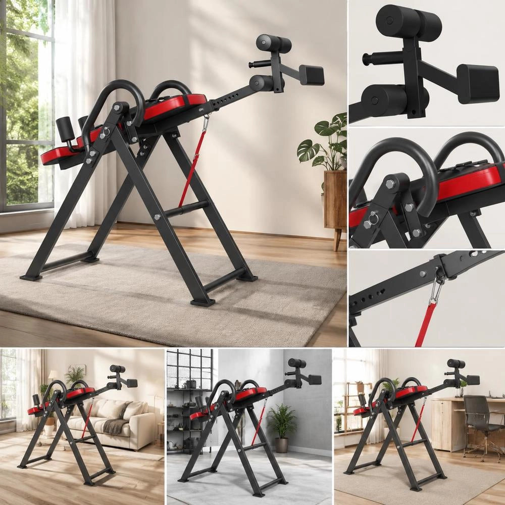 Inversion Table, Inversion Bench, 136 Kg Load Capacity, Multifunctional Back Trainer, Foldable Strength Training Device With Headrest, Ankle Lock, Adjustable Protective Belt, Red + Black