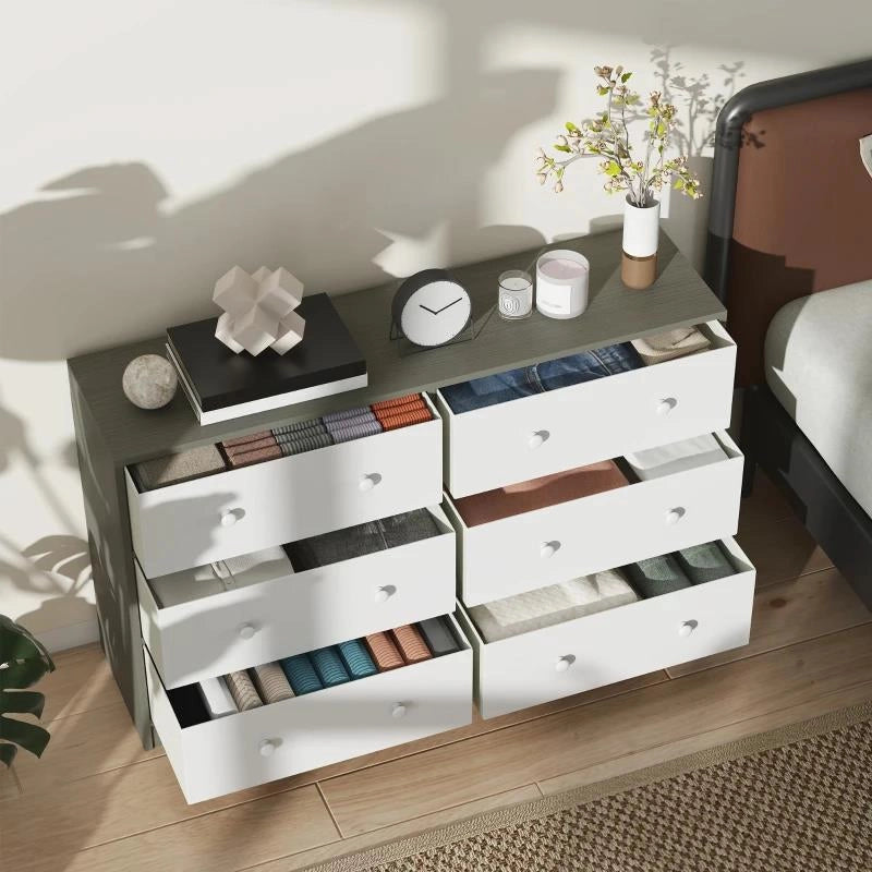 CASSETTIERA 6 CASSETTI PIEGHEVOLI CON MANIGLIE DOPPIE, IN LEGNO, ACCIAIO E TESSUTO, 114X30X70 CM, BIANCO E GRIGIO