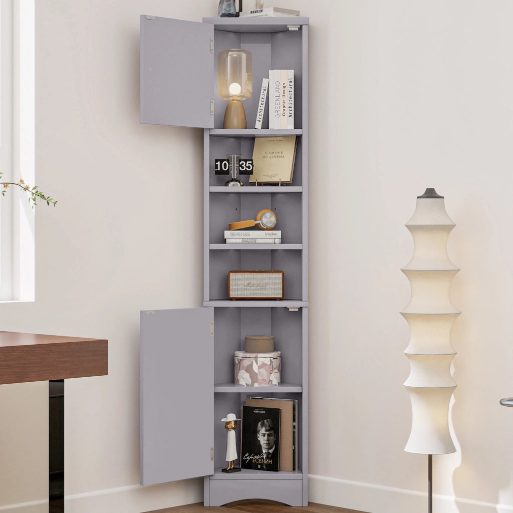 Armadietto da bagno angolare con 2 ante e 3 vani aperti, ripiani regolabili, in MDF, grigio, per bagno