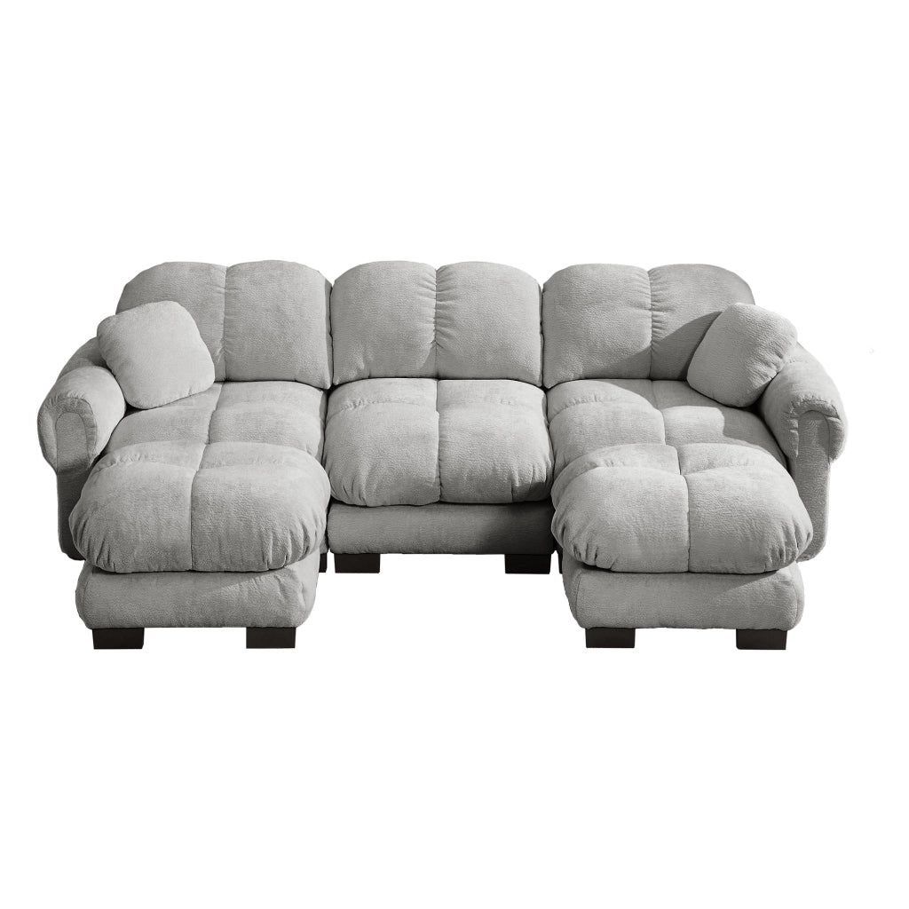 Divano modulare a U 3 posti con pouf mobile e cuscini decorativi; trapuntatura; in ciniglia grigio chiaro