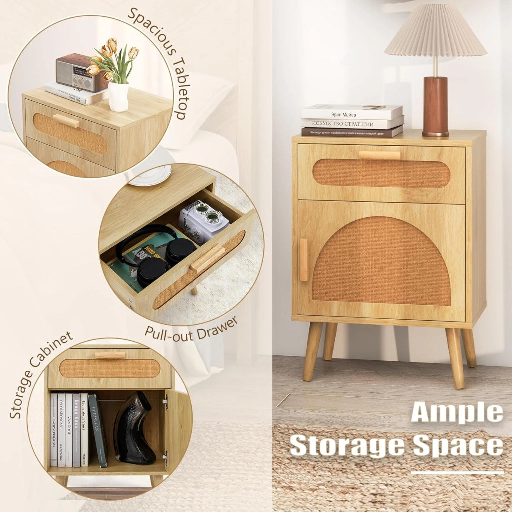 Comodino con Cassetto e Anta in Rattan, Comodino con Gambe in Legno Massello, Tavolo Supplemento per Camera da Letto Soggiorno, 45 x 30 x 61 cm, Naturale