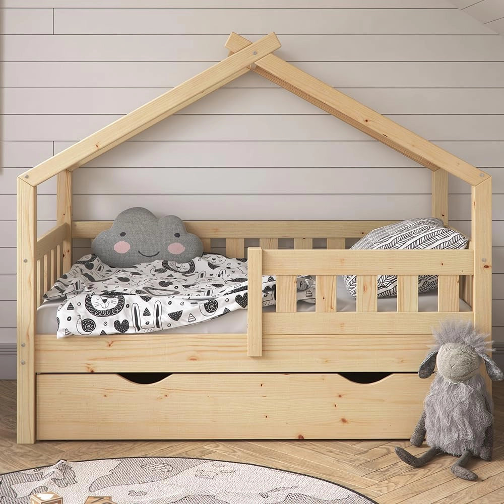 Letto montessori bambini Design, Legno naturale, 70x140 cm con cassetto, adatto per materassi fino a 10 cm di altezza, montaggio semplice
