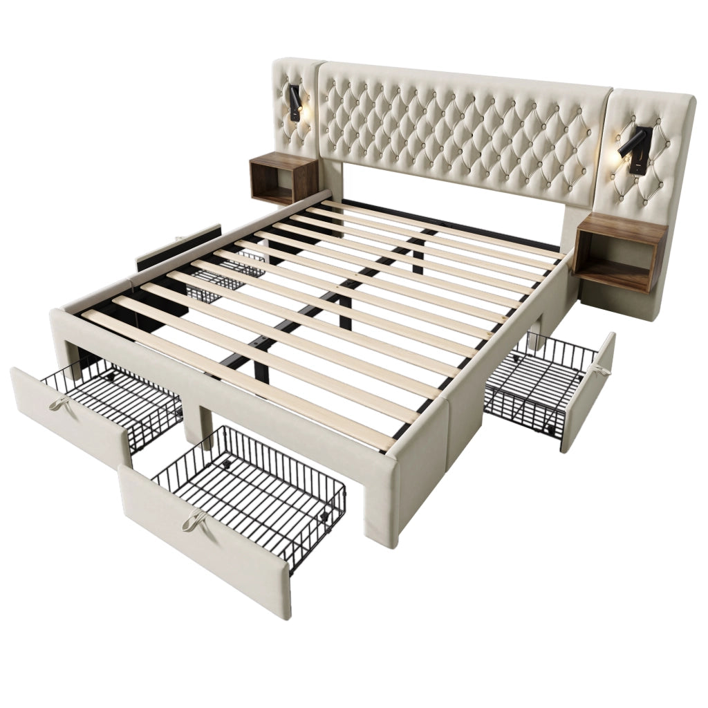 Letto matrimoniale imbottito 160x200 cm in velluto beige con 2 comodini, 4 cassetti, luci lettura e USB