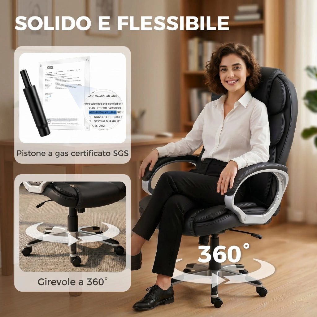 Sedia Ufficio Ergonomica Girevole in Pelle ¨C Zephmum ¨C Nero, Altezza Regolabile