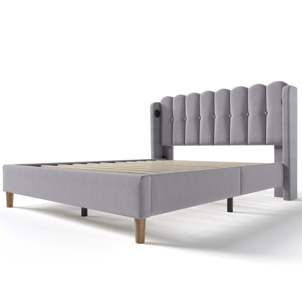 Letto matrimoniale imbottito ULEVR 160x200 cm con materasso H3, rete a doghe e porte USB e Type-C, grigio