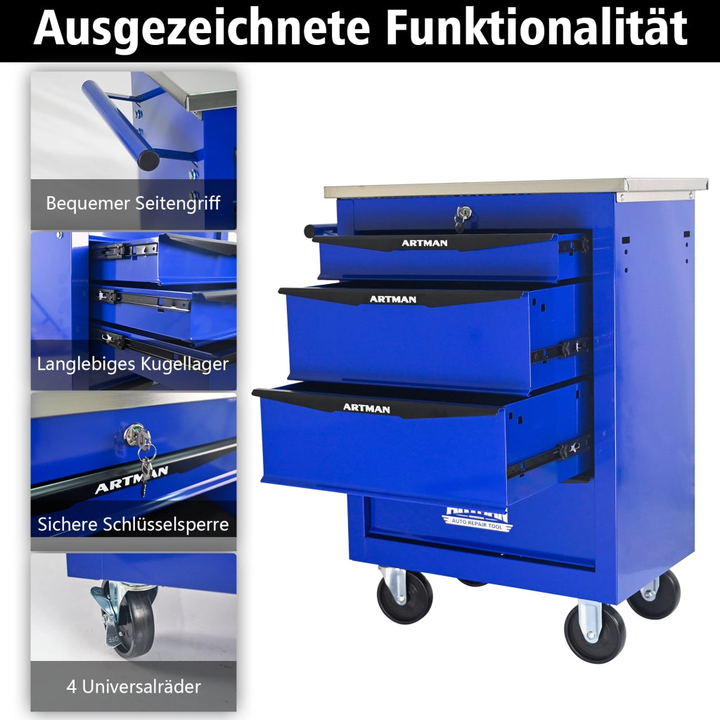 Carrello porta attrezzi con 4 cassetti e ruote piroettanti per garage e officina in acciaio nero e blu 62.5 × 34.5 × 78 cm