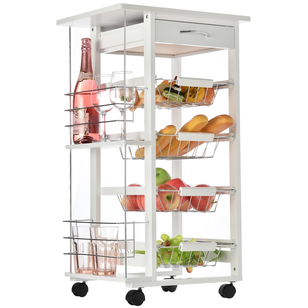 Carrello da Cucina Salvaspazio in Legno Bianco, Portavivande con 1 Piano di Lavoro 1 Cassetto e 4 Cestelli Metallici, 47x37x83cm
