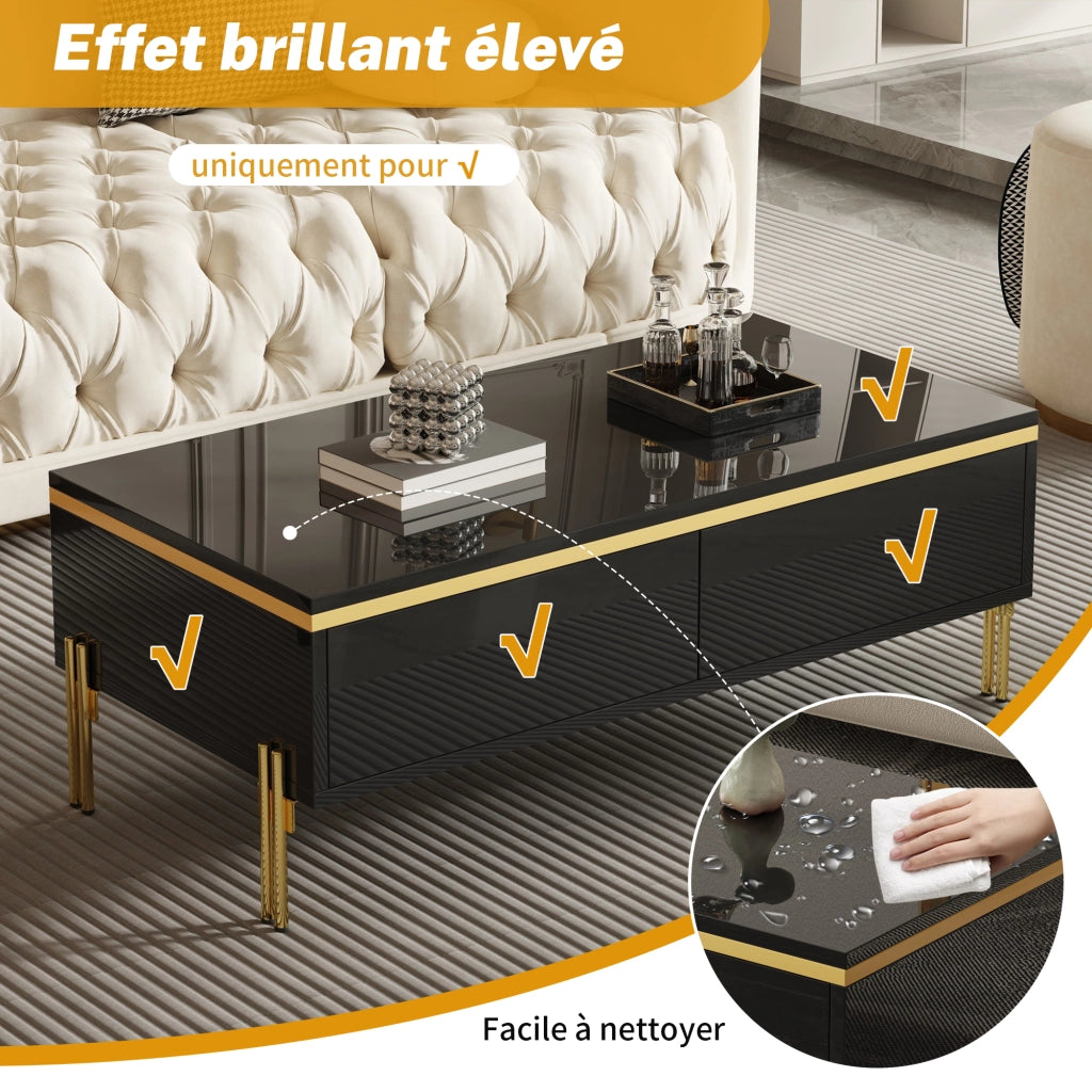 Tavolino da Salotto con 2 Cassetti Nascosti e Gambe in Metallo; Lucido; Stile Moderno; in Truciolare; Nero; 100×50×36 cm