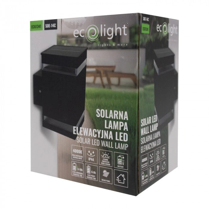 Lampada solare parete quadrata nera LED 1,2W sensore Ecolight