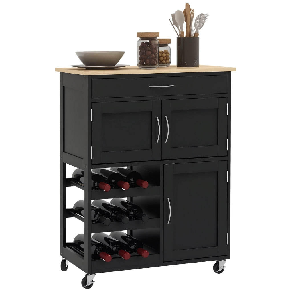 Carrello da Cucina in Legno con Portabottiglie, 3 Ante e Cassetto, 67x37x87 cm, Nero e Rovere