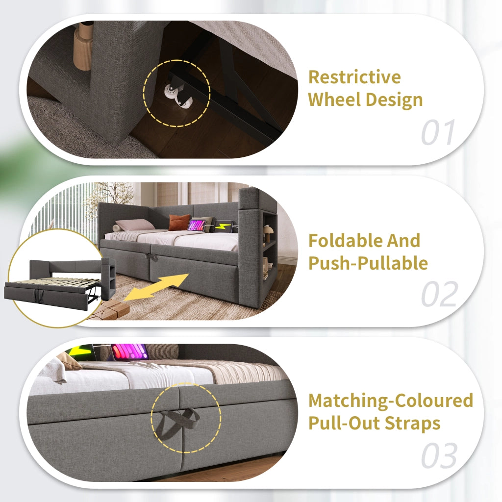Letto a Divanetto 90x200 cm - Estraibile; USB; Portabevande e Mensole - Grigio