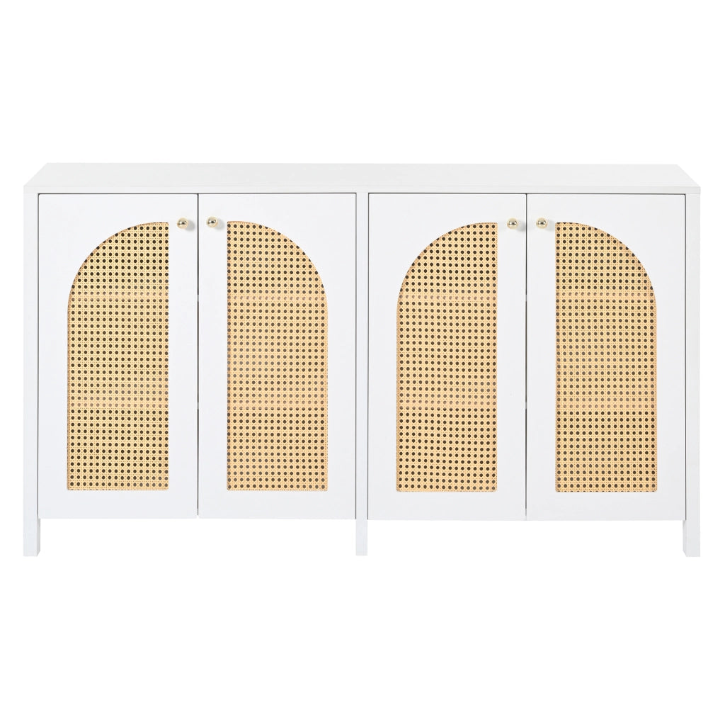 Sideboard a 4 ante; in MDF; truciolare e rattan sintetico; bianco