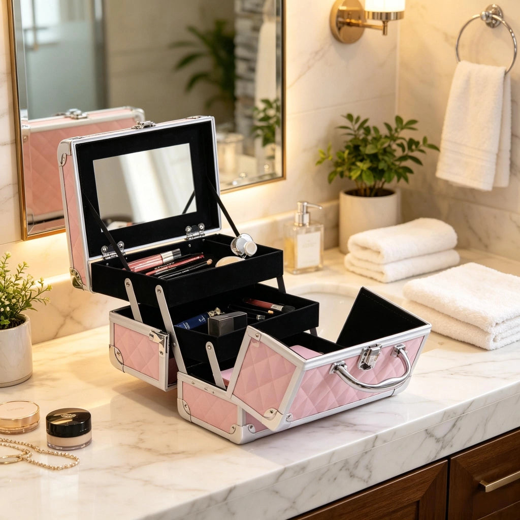 Beauty case trucco con 3 livelli; specchio e lucchetto - per viaggio - 20x15x15 cm - rosa