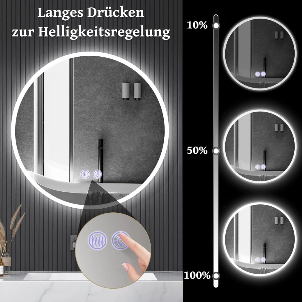 ZMH Specchio da Bagno Rotondo Illuminato con Regolazione d'Intensità e Touch