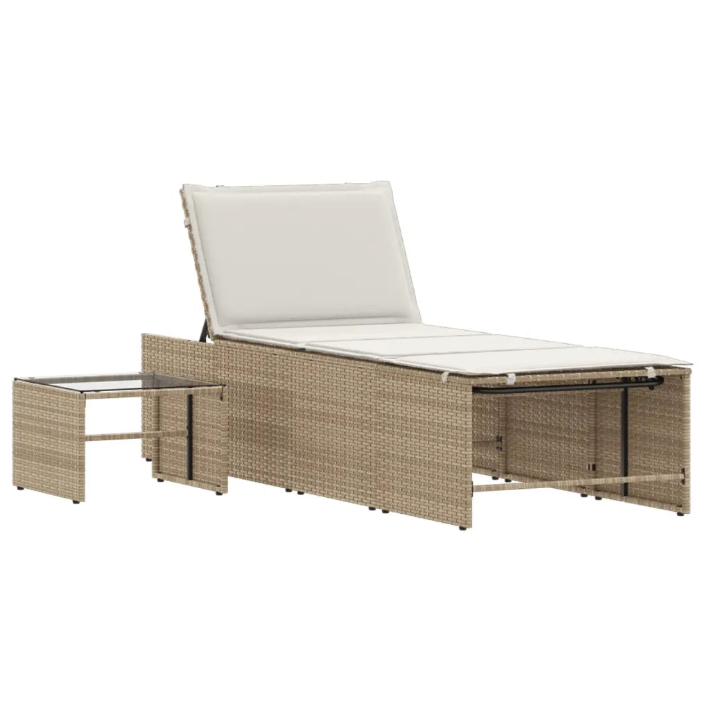 Lettini prendisole 2 pz con tavolo beige in polyrattan 368426