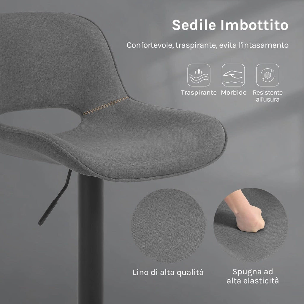 Sgabello da Cucina, Sedia da Bar in Lino, Sgabello Regolabile in Altezza, con Schienale, Seduta Imbottita Girevole a 360°, per Bistrot, Cucina, Pub, Base in Metallo, Grigio, BH438gr-1