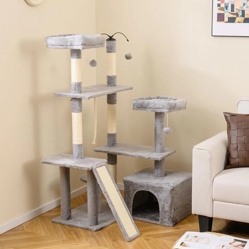 Albero tiragraffi, 136 cm, con tavola tiragraffi, grotta, 2 piattaforme, 3 palline di peluche, 5 colonne tiragraffi, albero tiragraffi per gatti, albero da arrampicata stabile (grigio chiaro)