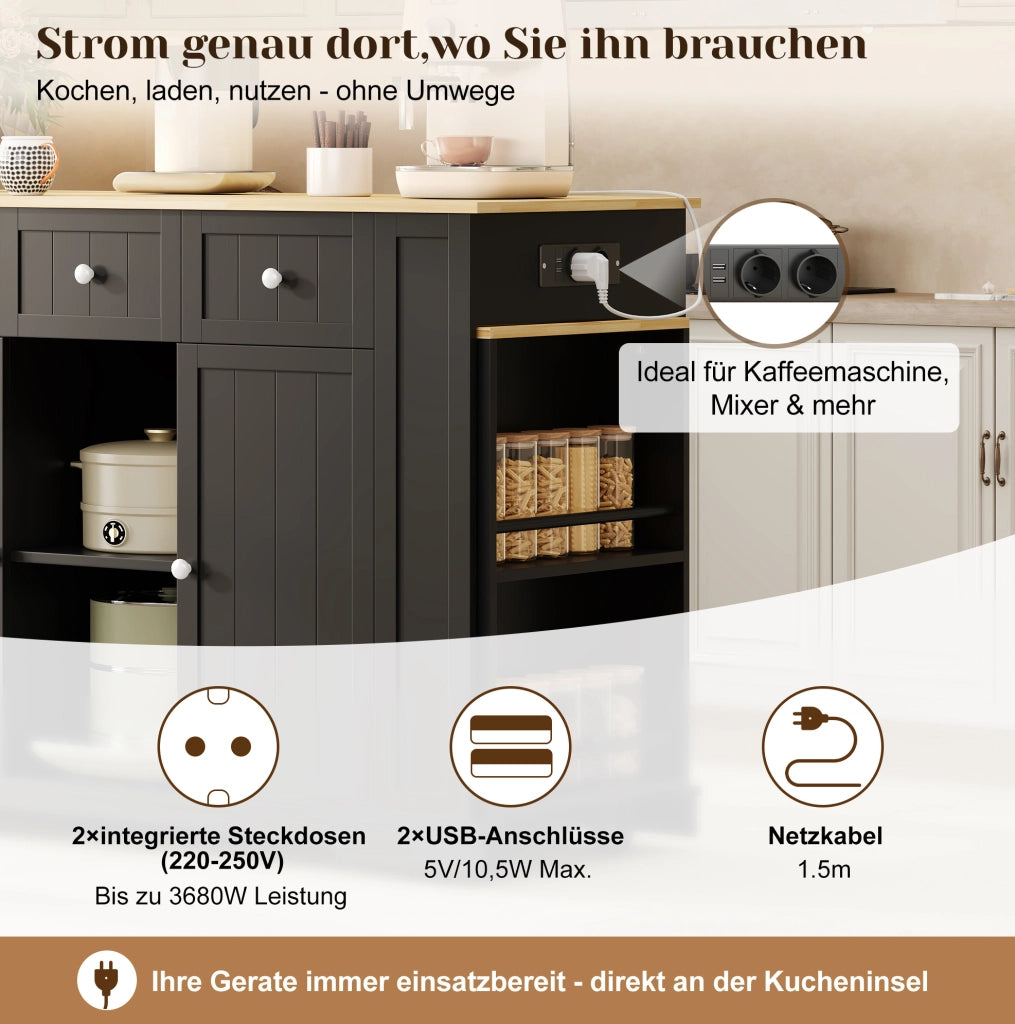 Isola cucina mobile con tavolo estraibile e prese USB, 138(213) cm