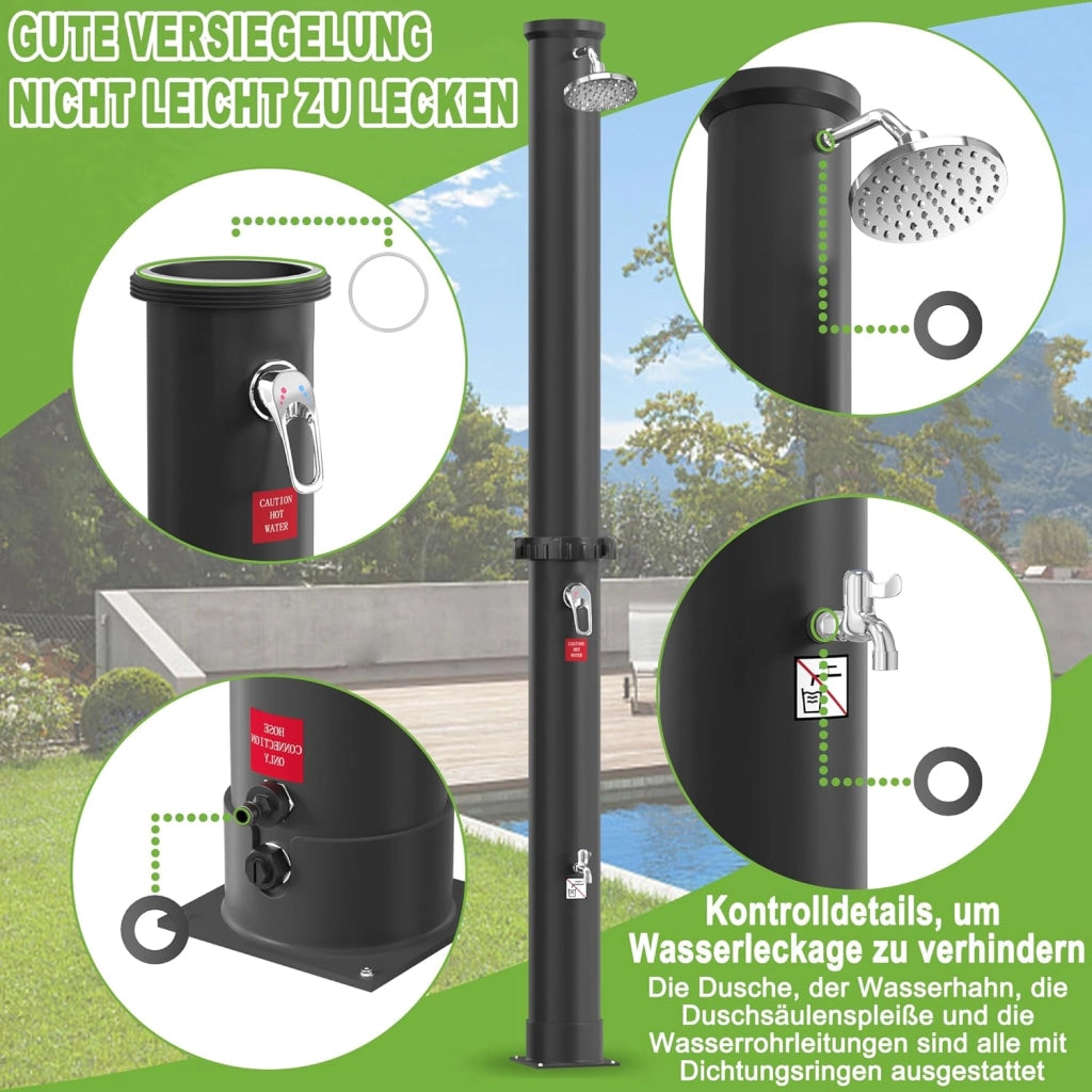 Doccia solare da giardino, 40 l, con cappa protettiva, per esterni, con rubinetto, soffione a pioggia, per giardino, piscina, campeggio, fino a 60 °C, colore nero
