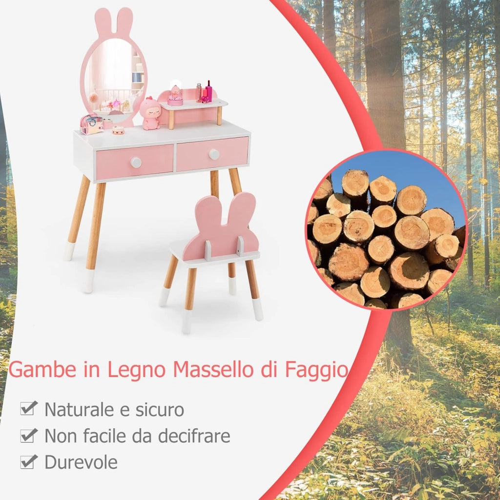 Toeletta Trucco 2 in 1 per Bambina, Specchiera a Forma di Coniglio Staccabile per Ragazza in Legno con Sgabello, Ripiano e 2 Cassetti, Postazione Trucco, 78 x 37 x 110cm (Rosa)