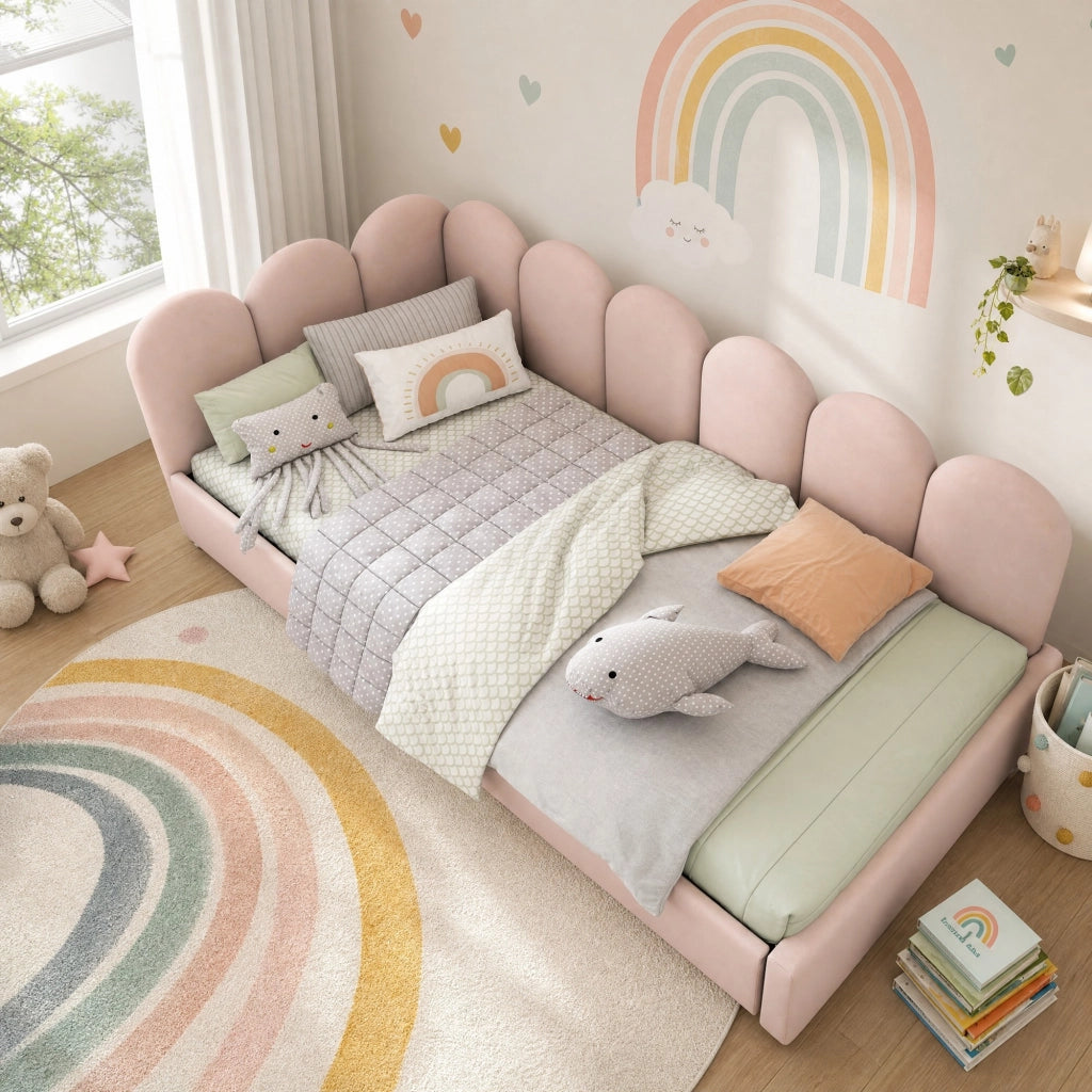 Letto singolo imbottito con 2 cassetti 90x190 cm in velluto rosa con rete a doghe
