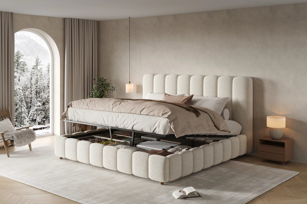 Letto imbottito matrimoniale con contenitore idraulico, rete a doghe, testiera e rivestimento Bouclé bianco