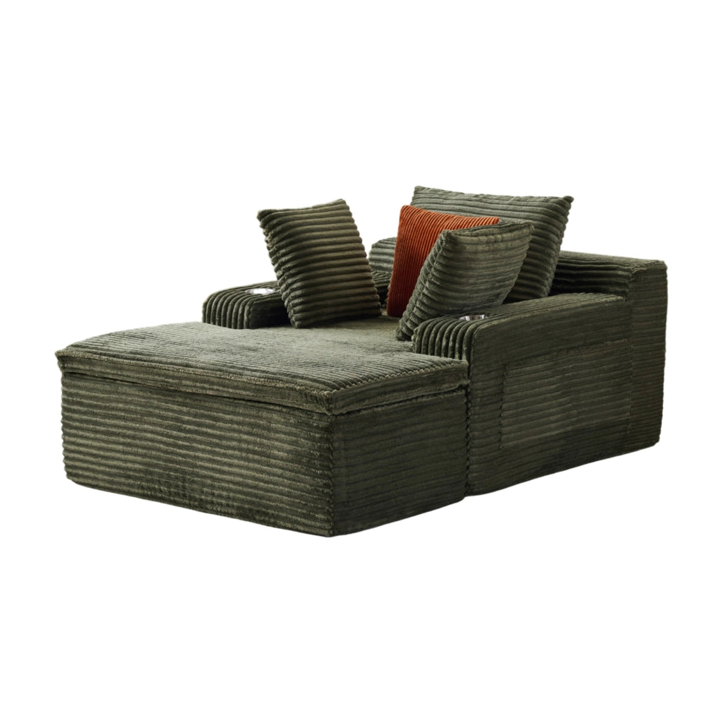 Divano angolare convertibile senza struttura con cuscini e portabicchieri in velluto a coste verde 165 × 112 × 63 cm