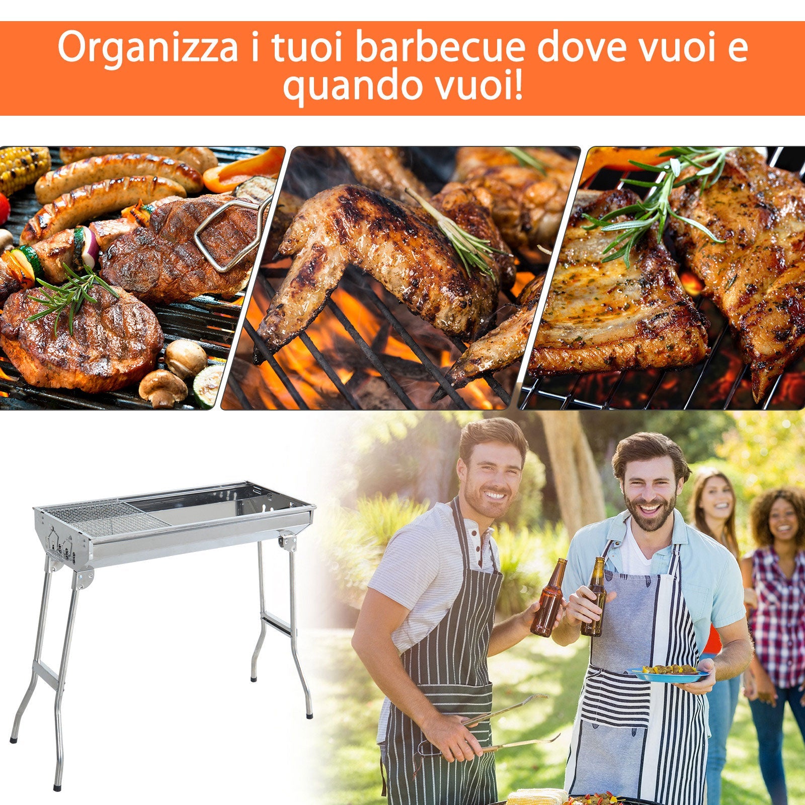 Barbecue a Carbone Carbonella Portatile e Pieghevole in Acciaio Inox