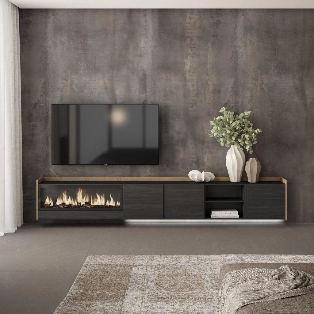 Mobile TV Soggiorno, 315x50x35 cm, Per TV fino a 80", Camino elettrico XXL, Sospeso, da appendere, LED, Nero e rovere