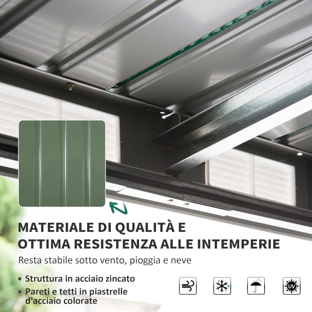 Casetta da Giardino in Acciaio con Tetto Inclinato, Doppia Porta Scorrevole e Prese d'Aria, 213x130x173 cm, Verde