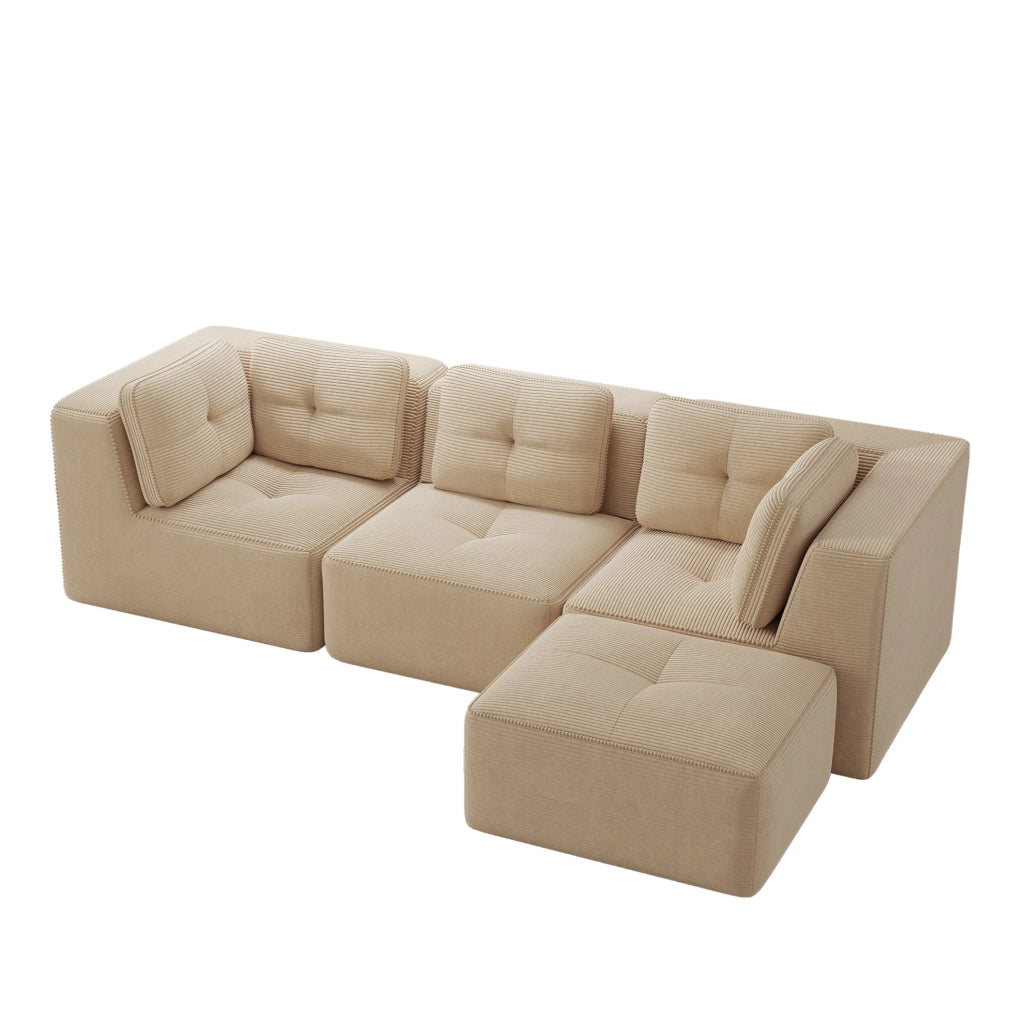 Divano angolare modulare in corduroy beige 297x177x69 cm; con ampi braccioli