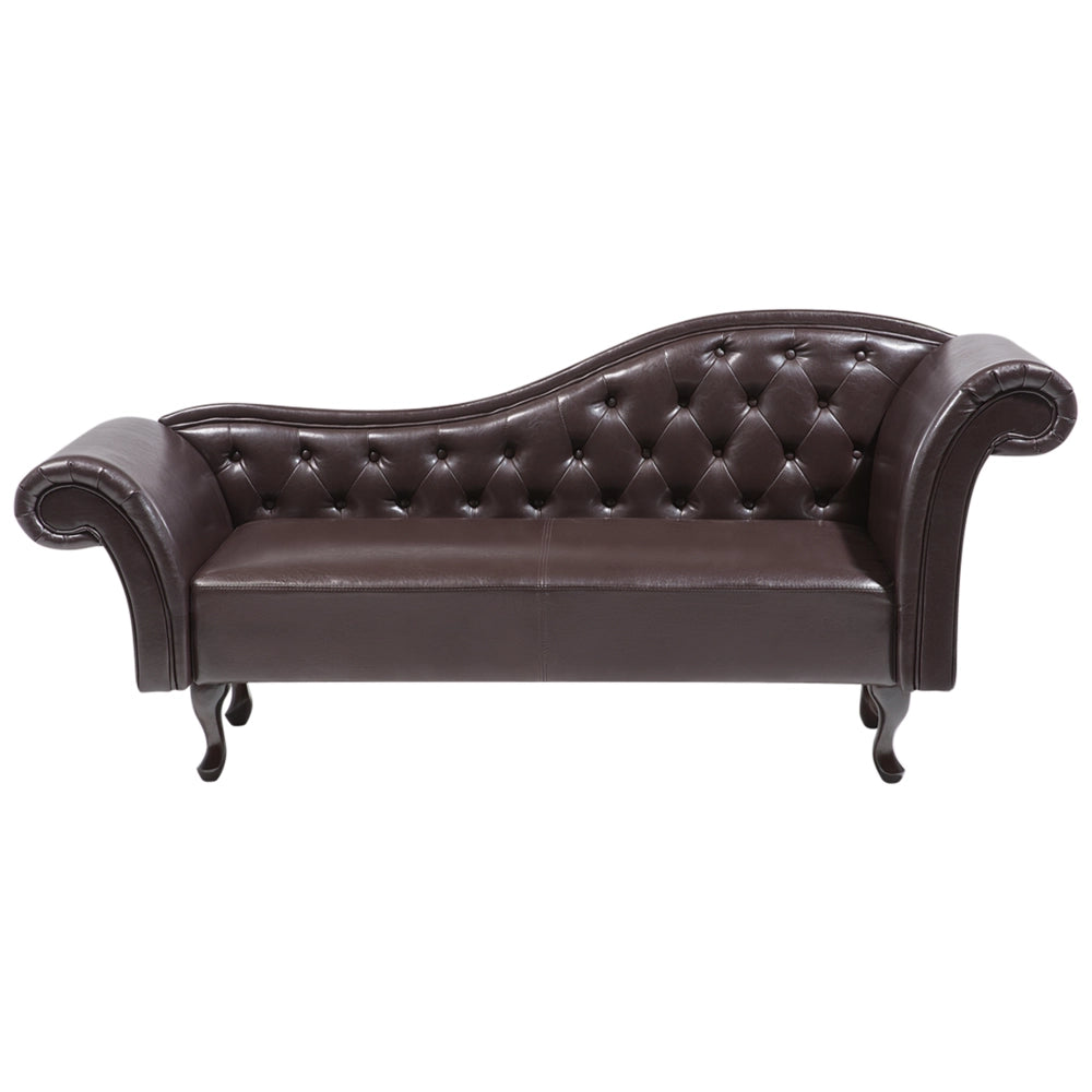 Chaise longue marrone in ecopelle con bottoni imbottiti braccioli arrotolati a versione destra con cuscino