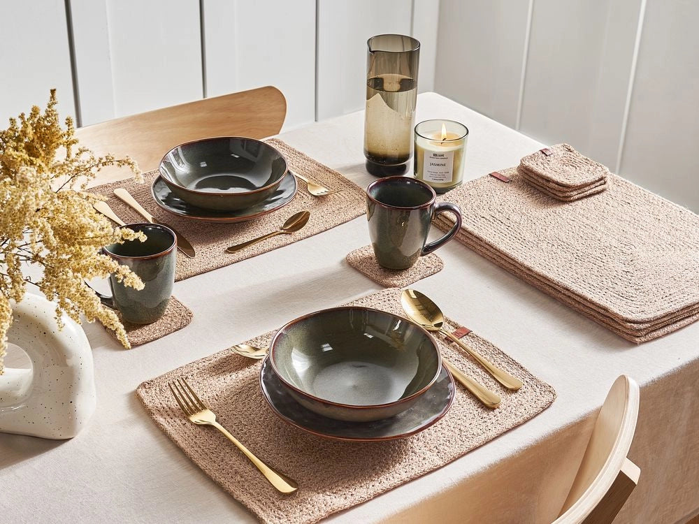 Set di 12 tovagliette e sottobicchieri rettangolari in iuta naturale fatti a mano 30 x 40/10 x 10 cm in stile boho