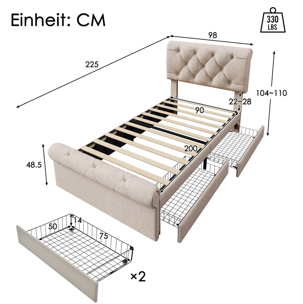 Letto singolo imbottito 90x200 cm con 2 cassetti e testiera regolabile; naturale
