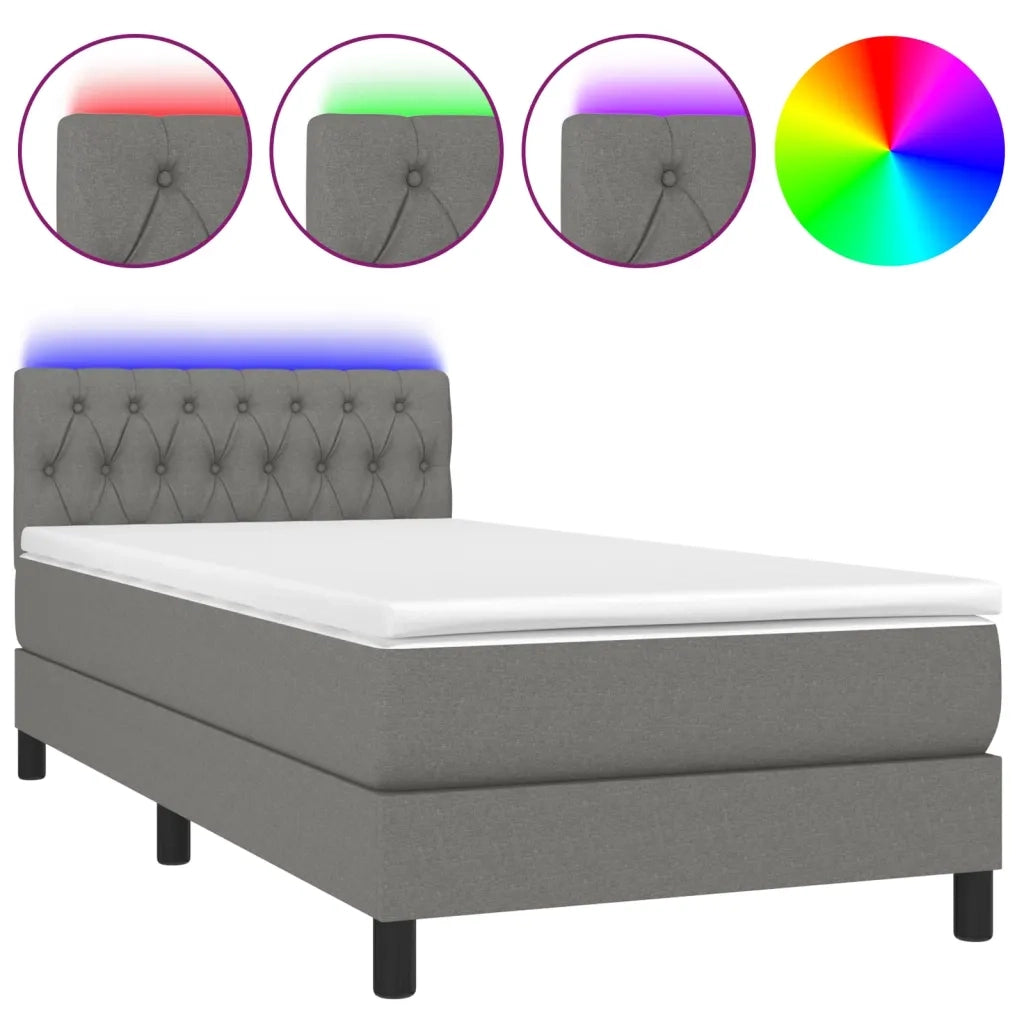 Letto a Molle Materasso e LED Grigio Scuro 100x200cm in Tessuto 3133374
